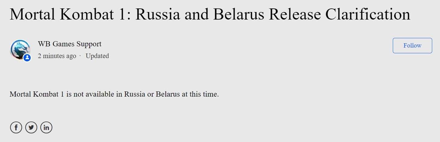 WB Games прокомментировала ситуацию с Mortal Kombat 1 в России и Беларуси